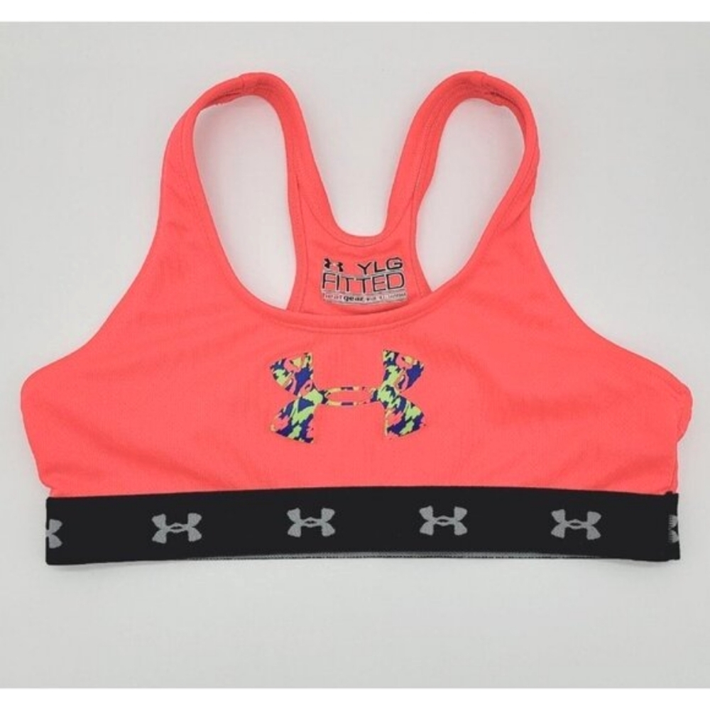 Under Armour Sports Bra Youth Girls Large Neon Coral Pink Black Athletic Workout